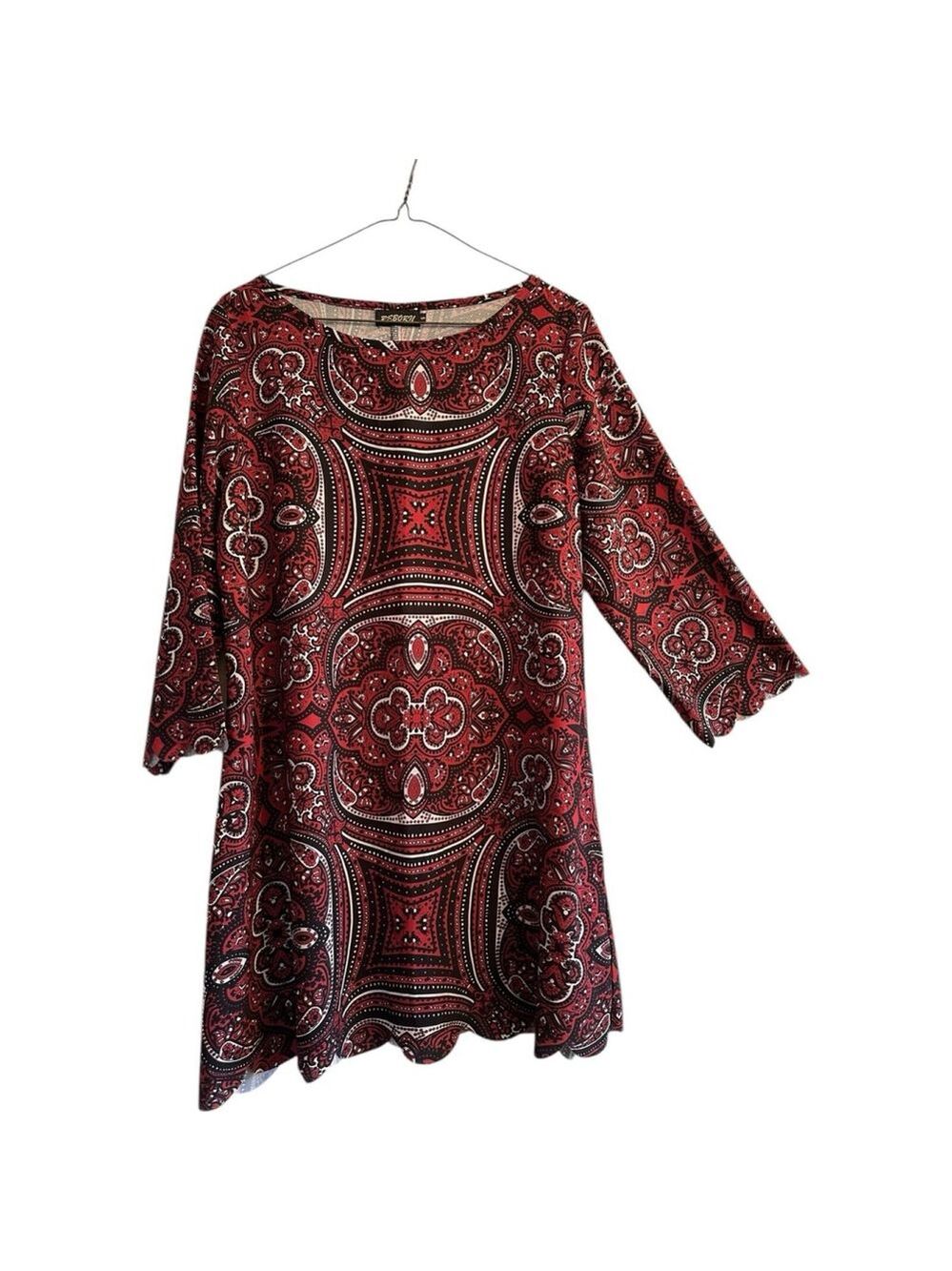 REBORN Floral Long Peasant Tunic Top Scalloped Hem & 3/4 Sleeves Womens Small